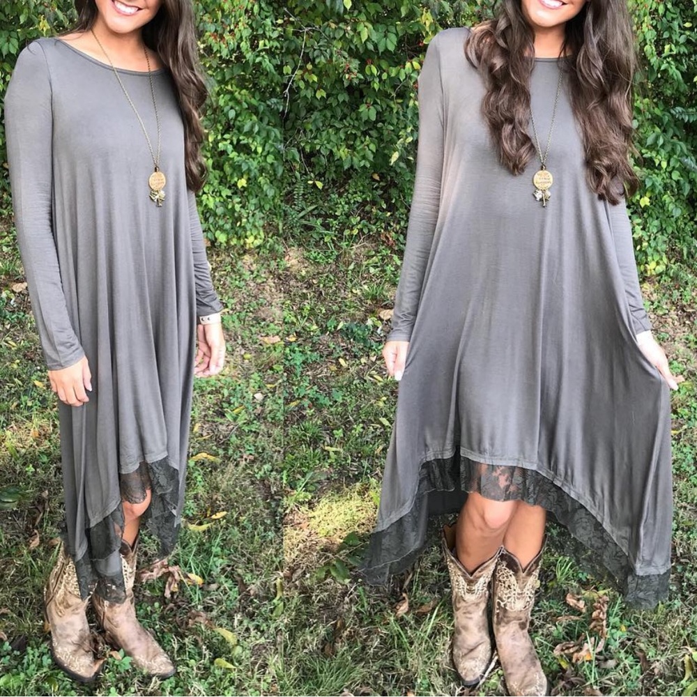 Small Olive Boutique Easel Hi Low Midi Dress With Lace Trim